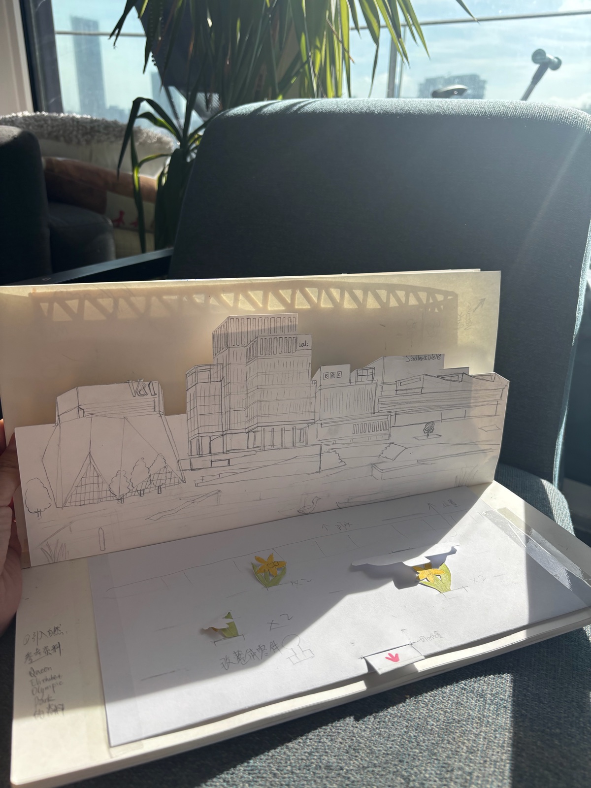 Here is East Bank — a paper card opened flat, with a pencil drawing of a riverside building and cut-out leaves