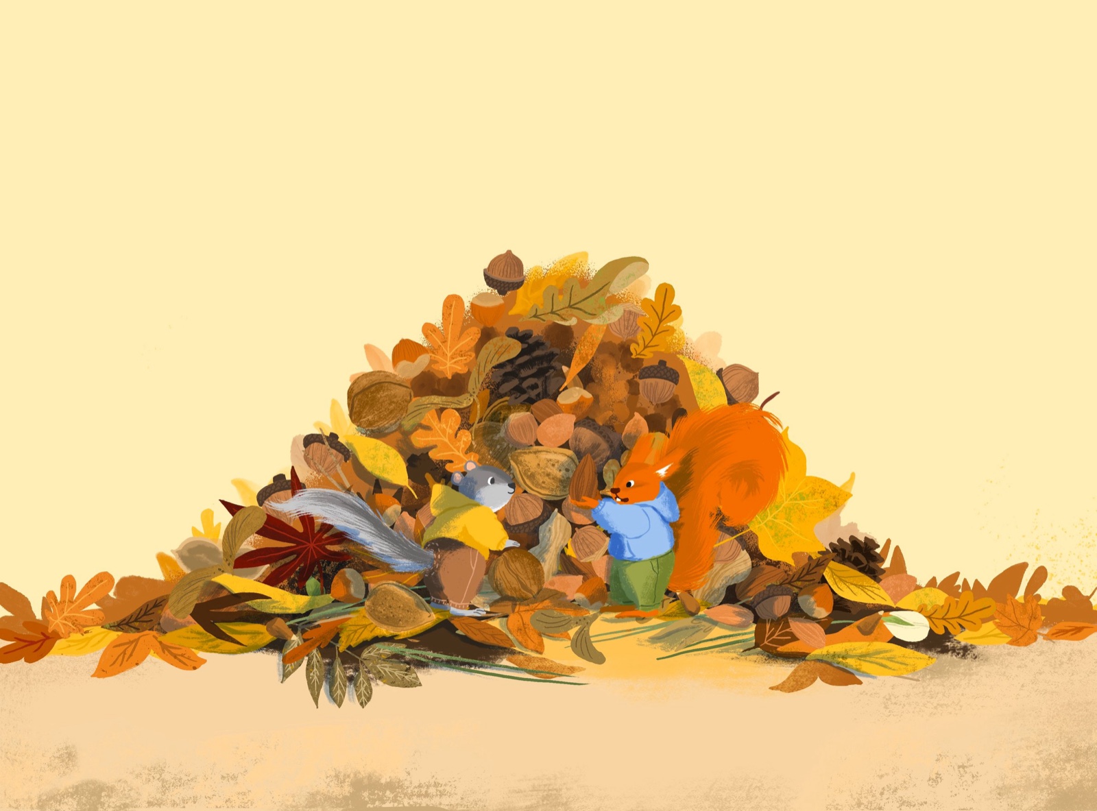 A squirrel and a mouse in a huge pile of autumn leaves, acorns and pine cones