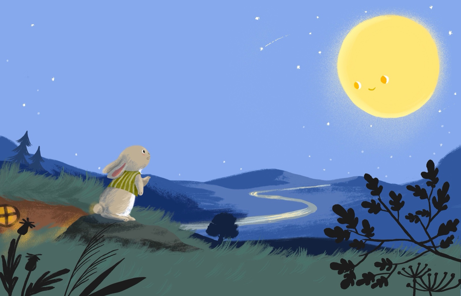 A rabbit on a hillside at night, looking up at a big smiling moon over a winding river