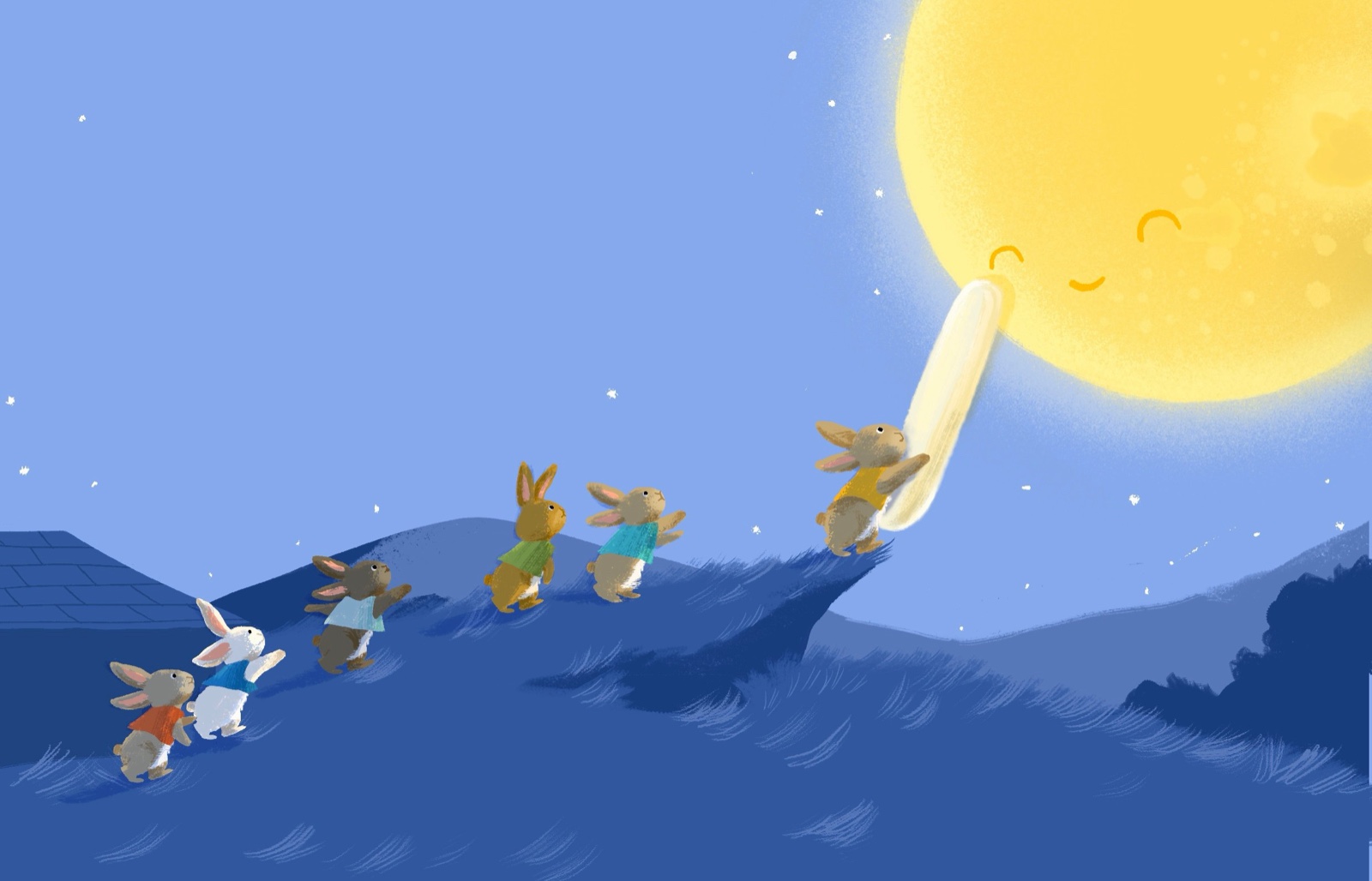 Five rabbits climbing a hill at night, reaching up to pull a noodle down from the smiling moon