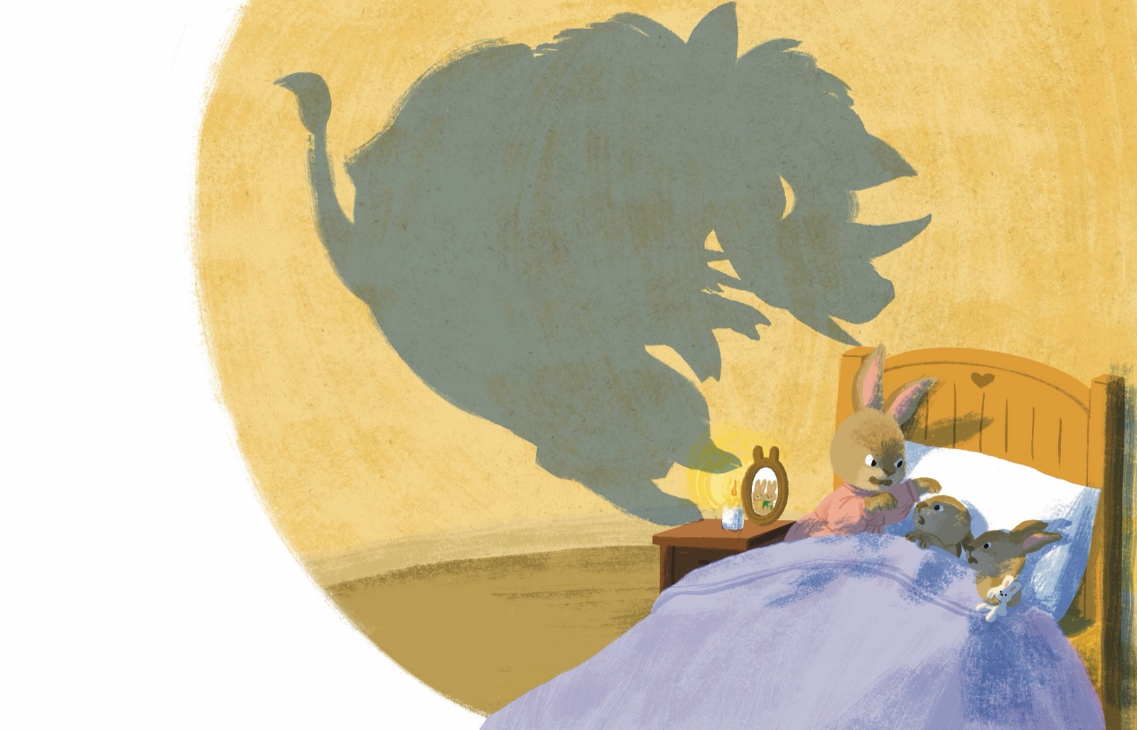 A rabbit in bed with two small rabbits, and a huge boar’s shadow cast on the wall