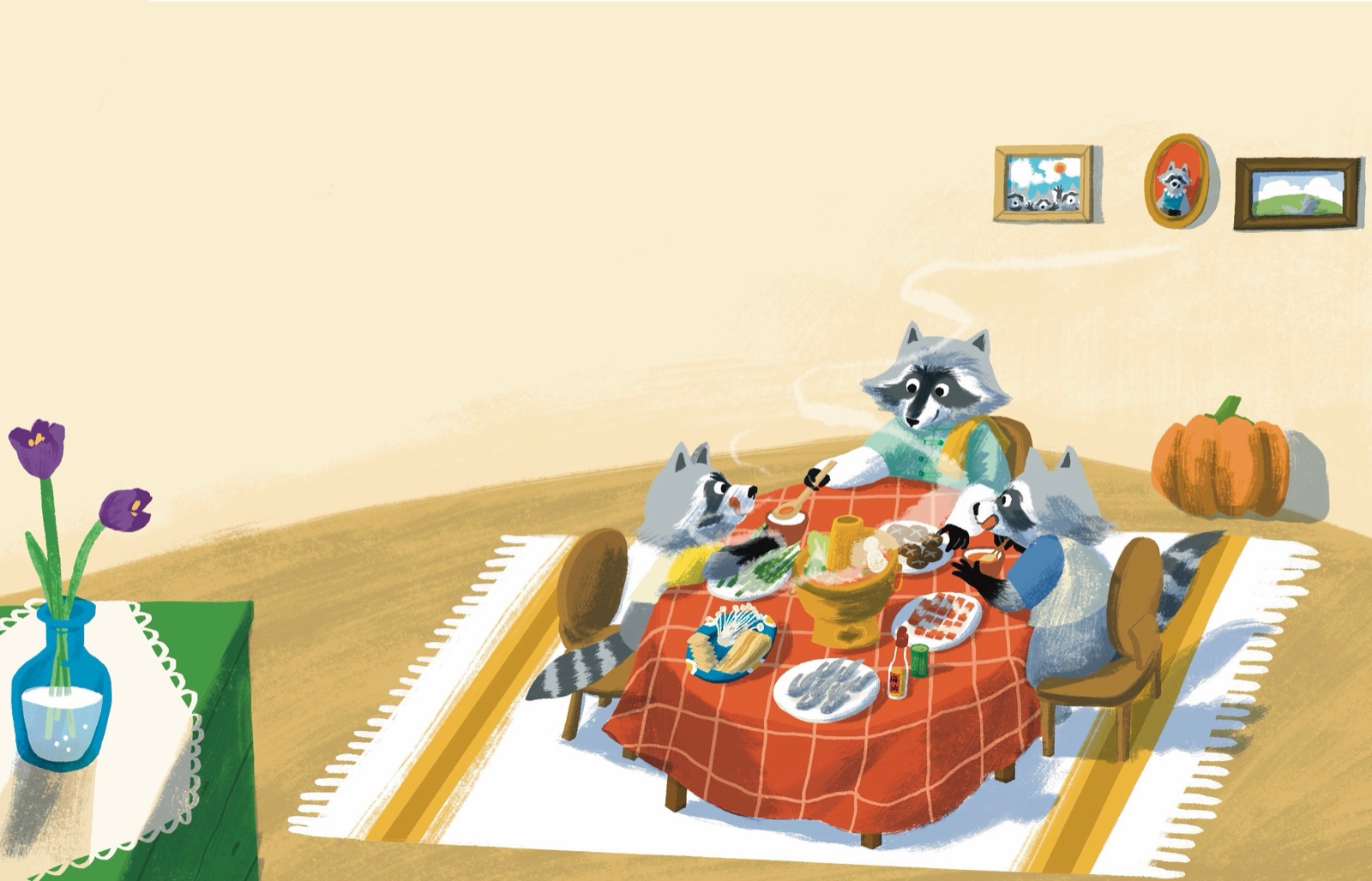 A raccoon family sharing a hotpot at a red table, with a pumpkin and flowers in the room