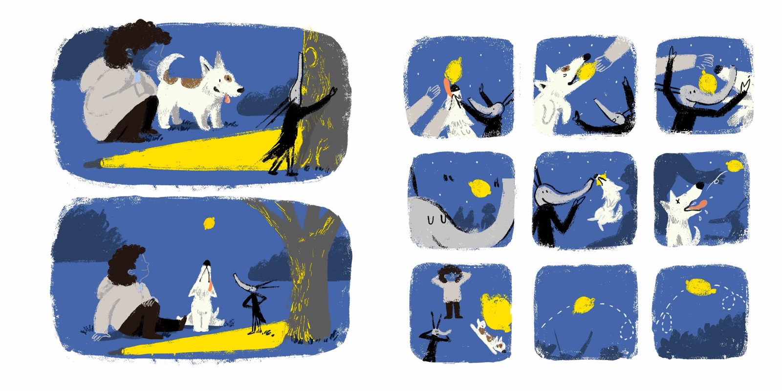 A grid of small panels: a person, a dog, a white bird and a lemon — chasing and catching