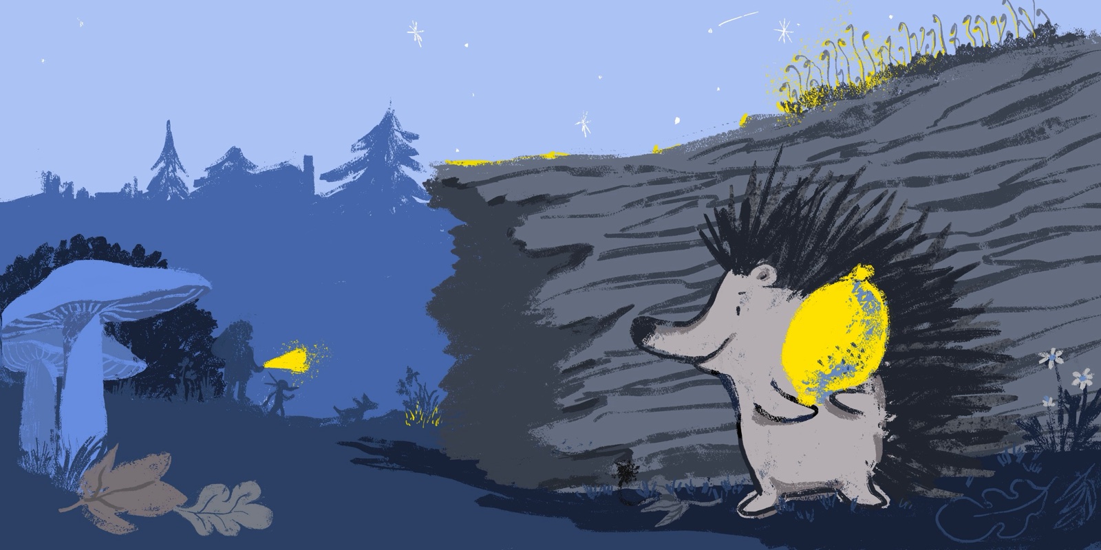 A hedgehog carrying a lemon walks past a fallen log, with a mushroom and dark shapes in the blue night