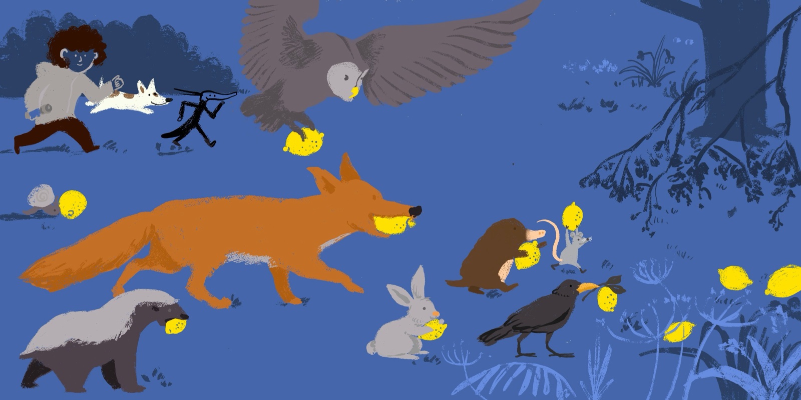 Animals carry lemons across the page — a fox, badger, owl, rabbit, mole, mouse, crow, and a child with a dog