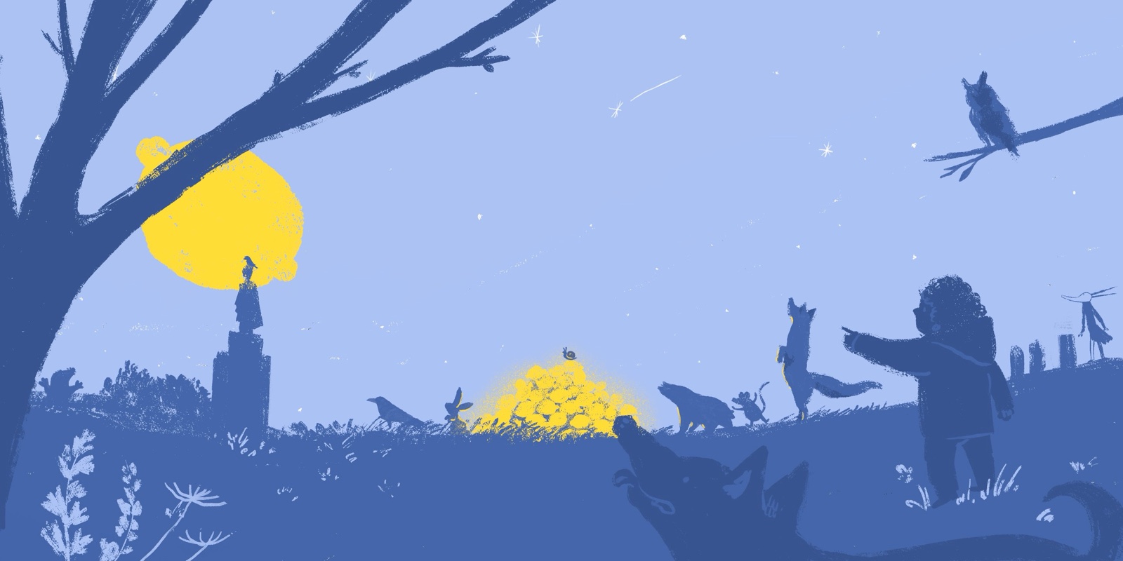 A hilltop at night: a glowing pile of lemons, animals and a child gathering on the skyline
