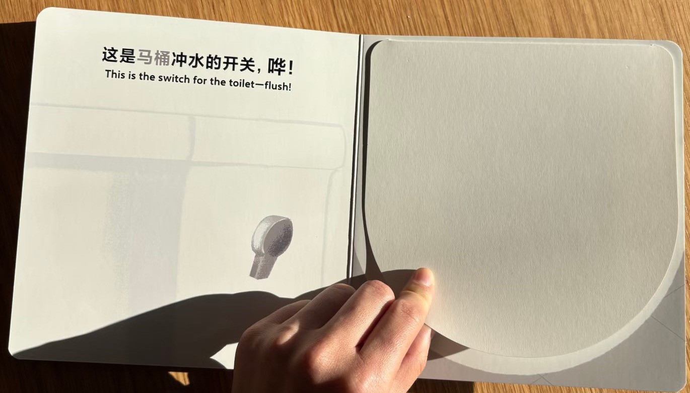 《开关》 — interior spread: the toilet-flush switch (flap open)